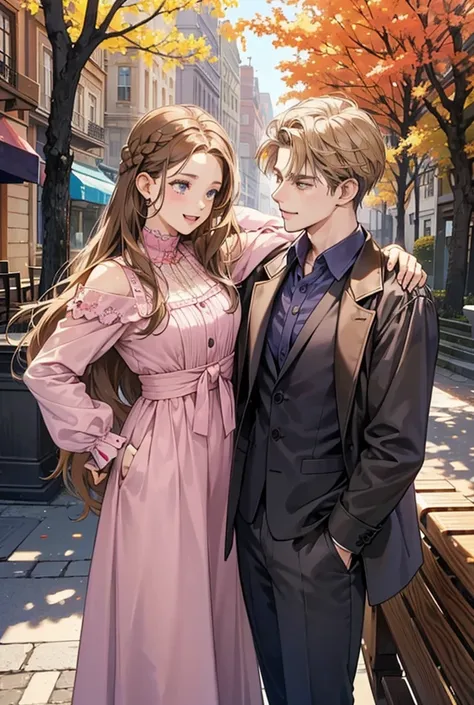 1 girl with brown hair with purple strands, braided hair, gray eyes, light long dress with long sleeves, a mans dark blue jacket draped over her shoulders. 1 guy is blond with brown eyes in a blue shirt and dark blue trousers. a guy and a girl are laughing...