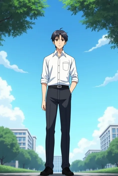 solo, black hair, 1boy, closed mouth, standing, school uniform, white shirt, full body, male focus, short sleeves, outdoors, shoes, collared shirt, day, belt, cloud, black footwear, blue sky, tree, black pants, building