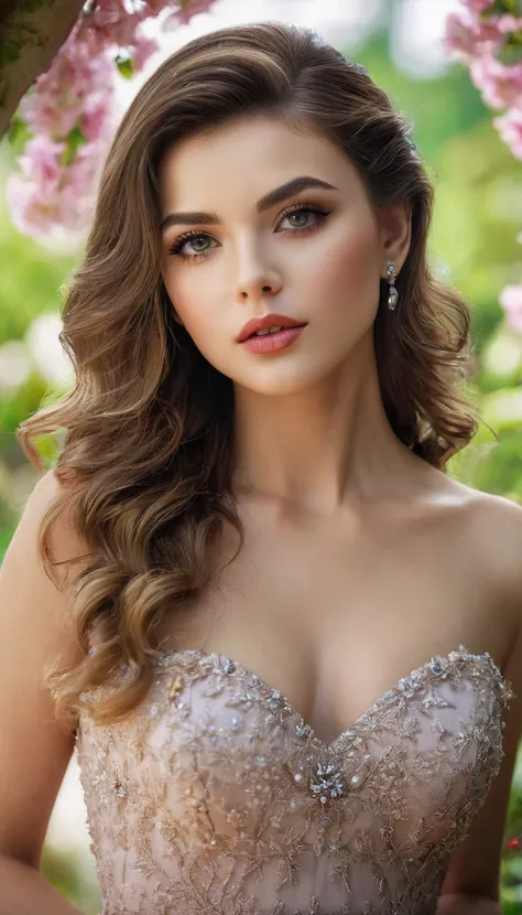 a beautiful woman, 1girl, beautiful detailed eyes, beautiful detailed lips, extremely detailed face, longeyelashes, gorgeous skin, elegant expression, soft lighting, intricate hairstyle, elegant dress, beautiful garden background, (best quality,4k,8k,highr...