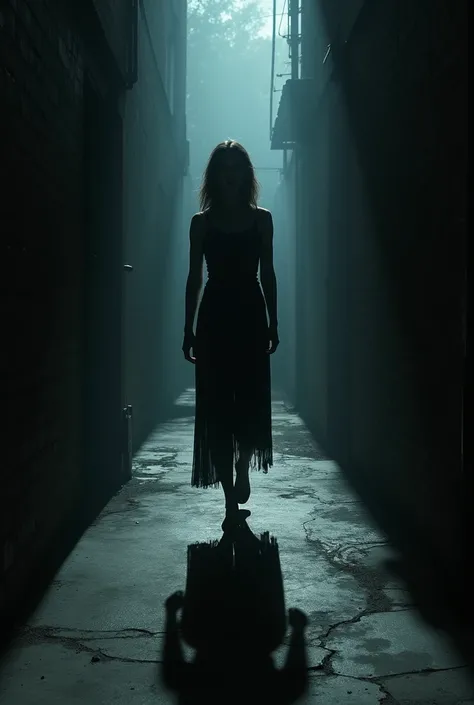 A woman, a dark alley, She has a shadow despite the darkness and the shadow shows a reflection of a monster