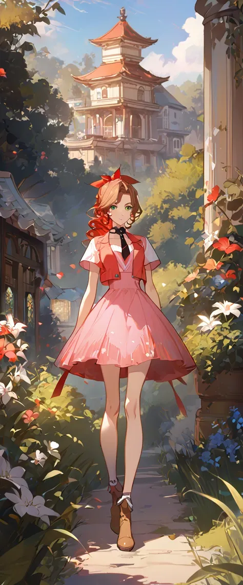 masterpiece, best quality, 8k, 4k, 1girl, aerith gainsborough, brown hair, high middle bang, longer side curly bang, long tight ...