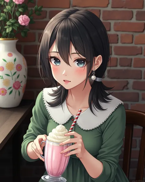 Short, straight black hair with bangs, wearing a green dress with a white Peter Pan collar, adorned with pearl earrings. Holding a glass with a pink milkshake topped with vanilla ice cream in one hand while sitting indoors, beside a large, floral ceramic v...