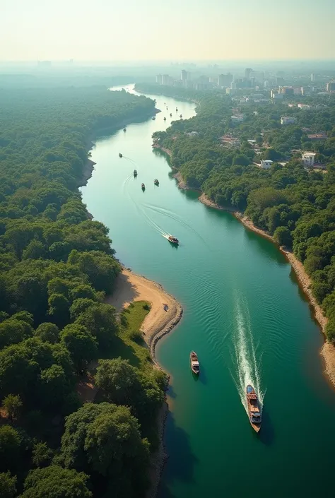 photo of africa with boats and river in the back, photo taken in drone and africa is in the sivilization