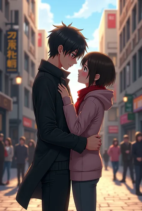 Eren is wearing a black coat and black jeans holding Mikasa bu her waist. Mikasa Is wearing a pink hoodie and dark grey pants and red scarf is wrapped around her neck. Mikasais blushing . They are in the middle of the streets