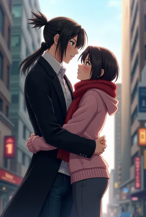 Eren is wearing a black coat and black jeans holding Mikasa by her waist. He has long hair tied in a man bun .
Mikasa Is wearing a pink hoodie and dark grey pants and red scarf is wrapped around her neck. Mikasais blushing . They are in the middle of the s...