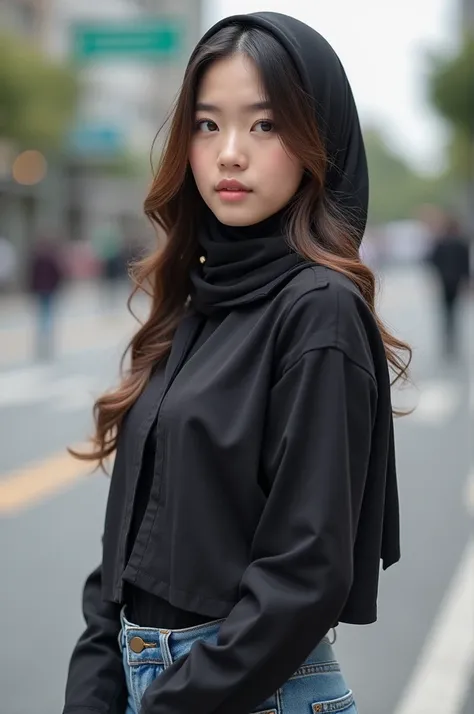 Beautiful-pretty korean girl having gigantic droopy tits, in hijab, showing her boobs, hairs covered in hijab, wet boobs, wearing jeans and posing in public, slim body, prettiest face.