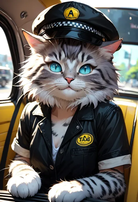 masterpiece, top quality, best quality, a on the road , a kawaii cat, in the taxi driver