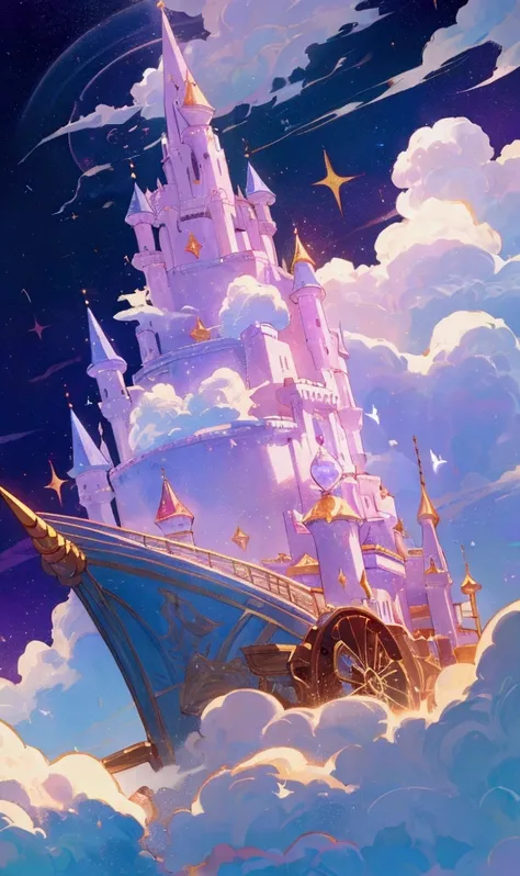 Imagine a twilight sky filled with a deep purple hue, like the shimmering color of amethyst. A soft magical light emanates from the heavens, making the entire scene feel like a dream. Above, a majestic cloud kingdom floats, like a palace from a fairytale. ...