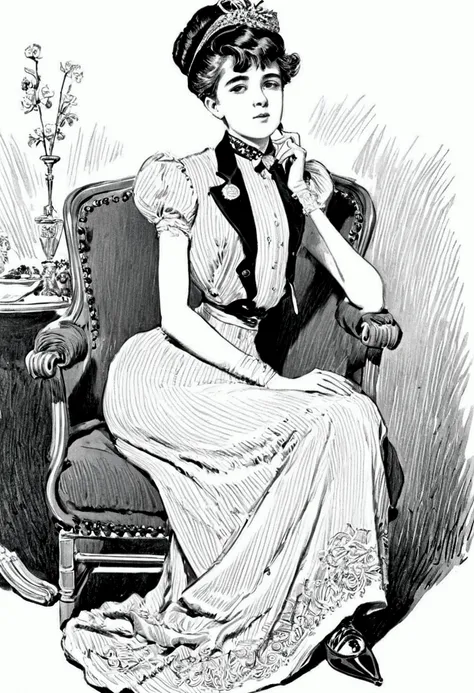 portrait of a gorgeous 14yo girl sitting in a chair surrounded by elderly suitors, by charles dana gibson. year 1905. 1905_dr3ss...