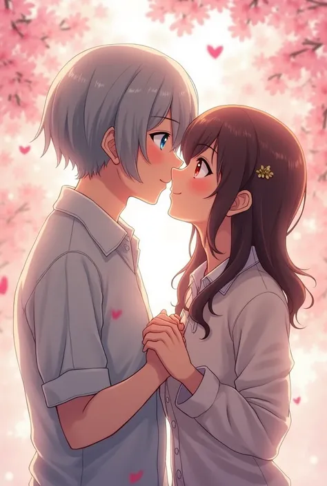 Couple。Men have grey bob hair、Odd Eye、Left eye is blue、Right eye is red。Women have long hair with bangs、Brown Hair、Brown eyes。Dress code: Parker。whole body。Holding hands。Anime Style。cherry blossoms。Face to face, close your eyes and kiss。