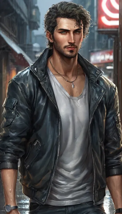 Create a 3 American/European mixed male character with:


- Age: 32
- Nationality: American/European mixed
- Height: 61" (185 cm)
- Weight: 190 lbs (86 kg)
- Body Type: Athletic, lean
- Eyes: Piercing blue, deep, intense
- Hair: Short, dark brown, messy, t...