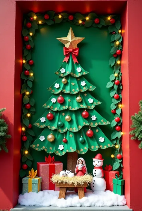 Door background :
Color Base : Use a green paper or fabric as a base for the door.
Decorations in Red, BRIGHT GREEN AND GOLD :
Add red ribbons and other decorative elements that contrast with the green, creating a festive and welcoming atmosphere.
golden s...