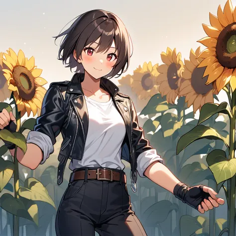 Alone, One Girl, Hair Ribbon, Pink Tie, Sunflower Field, Red Eyes, Dark Hair, Short Cut, Dark Skin, (Blush: 1.5), (Very Smile: 1.4), Slightly Larger Bust, ((wearing a straw hat)), ((black leather jacket with rolled up sleeves)), Fingerless Gloves, White T-...