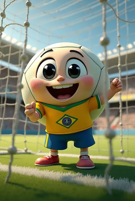 Create an image of a soccer ball wearing the Brazil national team jersey. The ball should have a playful facial expression, featuring big eyes and a smiling mouth. It is inside the net of a goal, close to the crossbar, conveying a sense of joy and sporting...