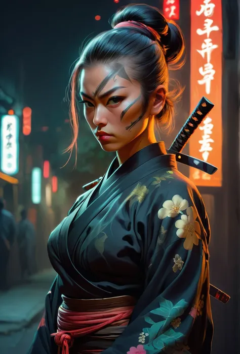 samurai, 25yo woman, hyperrealism, very detailed skin, 4k,,, ashleywoodartai,, katana profile picture, organic painting, night t...