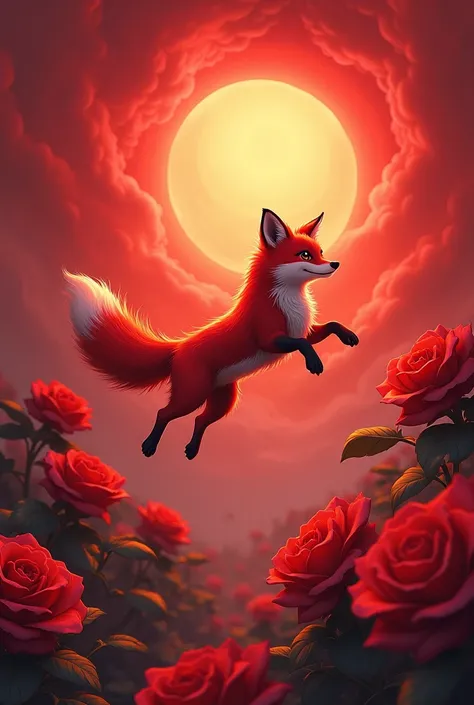 A dark red fox , leaping into the air , with the background of a sun of red roses, Cartoon realista 