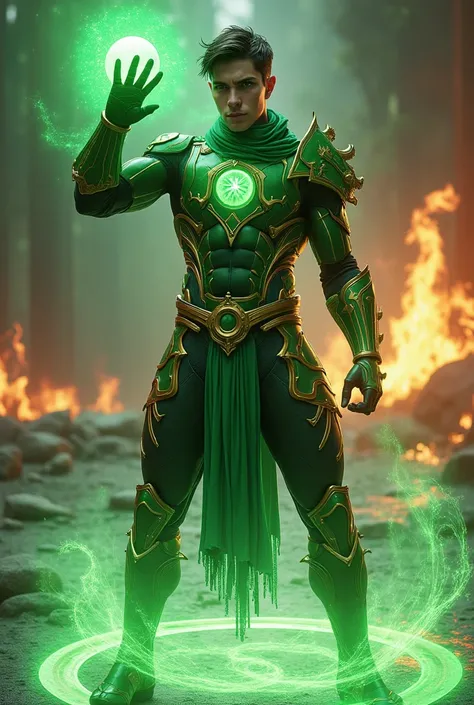 full body photorealistic  handsome hunky warrior young Adamus, wearing a Green and gold biomechanical filament metallic water armor,, and headband, holding up a green water shining jewel,, standing on a green magic circle,,nether body . fighting stance., l...