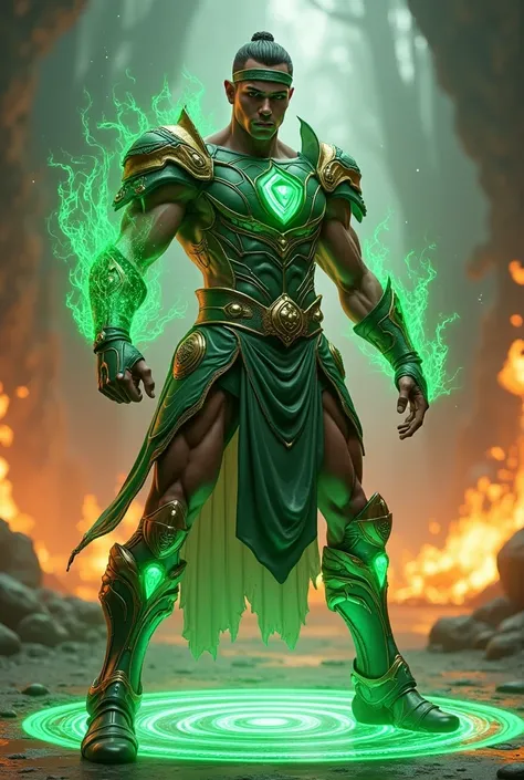 full body photorealistic  handsome hunky warrior young Adamus, wearing a Green and gold biomechanical filament metallic water armor,, and headband, holding up a green water shining jewel,, standing on a green magic circle,,nether body . fighting stance., l...