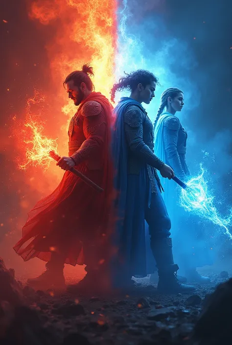 A two part image in which one side is red and other half is blue red side contain red magic angry characters heroes and blue side contaion silent character heroes