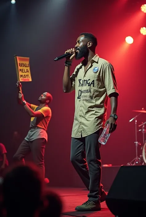 Fally ipupa wearing a shirt with KANGA DUBAI written on it; He is drinking water from a plastic bottle on the stage with a microphone in his hand, a spectator shows the flag that says KABASELE MELA MAYI