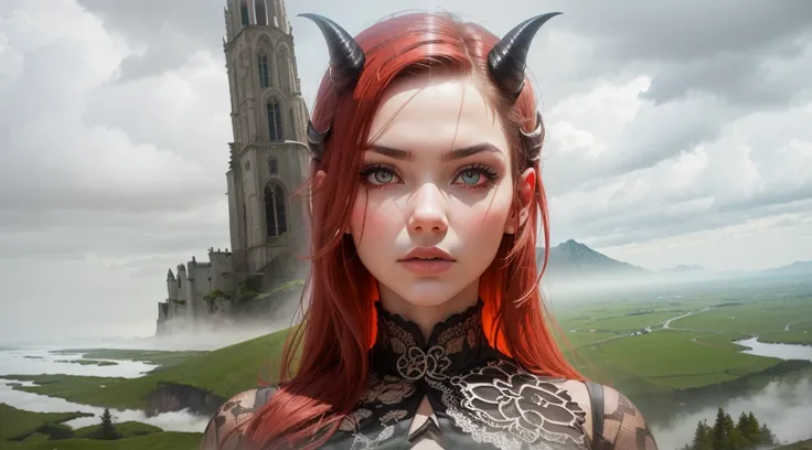 Mountains, forests and meadows, city, Туманный фэнтезийный cityской пейзаж вдали, castles, towers, very beautiful demoness girl, red demon eyes, medieval, Gothic City: 0.33，Immerse yourself in a powerful air flow，living in white clouds，Beyond the clouds，(d...