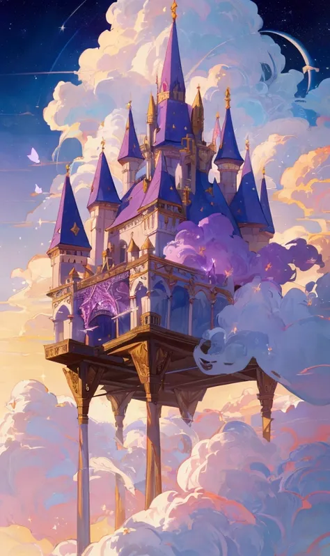 Imagine a twilight sky filled with a deep purple hue, like the shimmering color of amethyst. A soft magical light emanates from the heavens, making the entire scene feel like a dream. Above, a majestic cloud kingdom floats, like a palace from a fairytale. ...