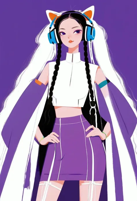 Long purple hair styled in two thick braids, white and purple futuristic outfit, knee-length skirt, matching jacket, large cat ear-shaped headphones, armband, standing pose, looking straight ahead, indoor studio with soft, even lighting. The overall atmosp...