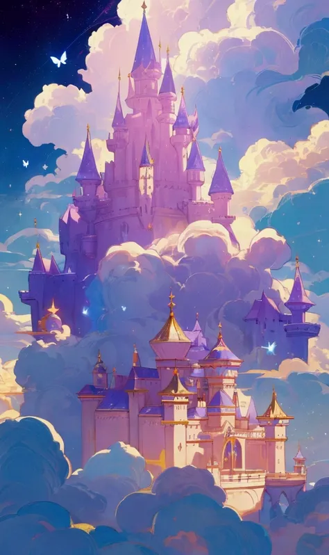 Imagine a twilight sky filled with a deep purple hue, like the shimmering color of amethyst. A soft magical light emanates from the heavens, making the entire scene feel like a dream. Above, a majestic cloud kingdom floats, like a palace from a fairytale. ...