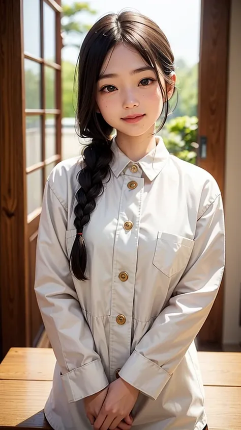 Beautiful 1 Japanese female), cute face, (deeply carved face:0.7), (freckles:0.6), soft light,healthy white skin, shy, (serious face), (sparkling eyes), thin, smile, uniform, Braid