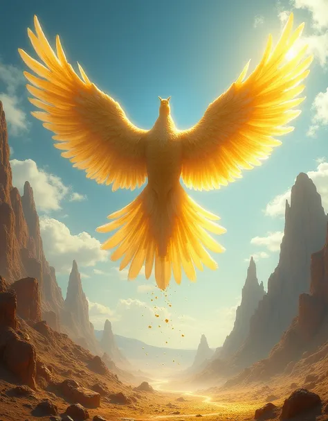 ethereal fantasy concept art of  MidasMagic, giant golden bird soars over the deserted mountainous area, particles of gold scatter around in the wind, clear blue sky, 4K, high detail, fantasy style . magnificent, celestial, ethereal, painterly, epic, majes...