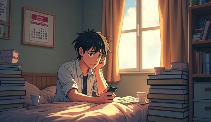 Create a anime cozy, small apartment interior. The room is cluttered with stacks of books, empty takeout containers, and a calendar on the wall showing the date circled in red: "Storm Warning." Sunlight filters through half-drawn curtains, casting soft sha...