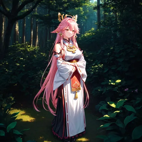 anime girl with pink hair Image Description:

The photo features Yae Miko, the popular Genshin Impact character, in a serene and mystical environment. Shes standing in a lush, vibrant forest, surrounded by towering trees with glowing, ethereal mushrooms gr...