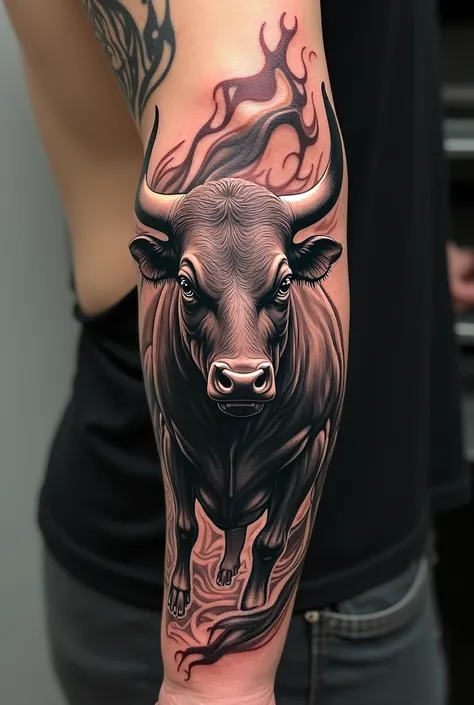 Bull tattoo on forearm. Tattoo covering the entire forearm.