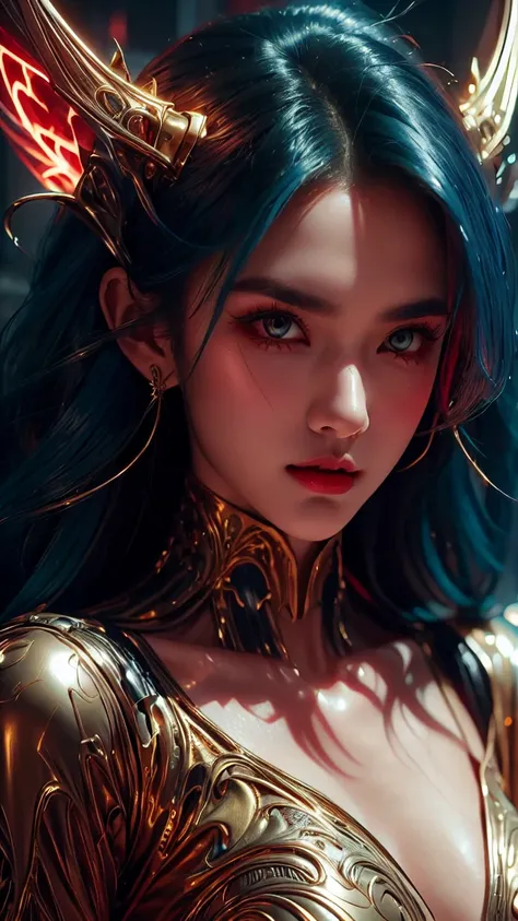 A stunning female alien with jet blue hair and glowing golden eyes, her intense gaze captivating all who dare to look upon her. Her long dark claws and thick eyebrows only add to her otherworldly beauty, making her the most beautiful face in the universe.