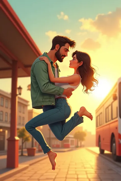 Disney pixar drawing of a handsome man, high, brown haired, short bearded, light green denim jacket shirt, standing holding in arms, hugged, girando mid-air, a beautiful woman with long hair, cor parda, light skin, brown eyes, dressed in a white tank top, ...