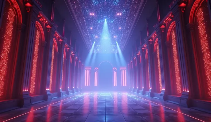 The design of the impressive, wide, high-class EDM Dance Hall is designed in a gothic style, bright and impressive style, like a large corridor, with two walls of high pillars arranged with sparkling matrix LED lights, the ceiling is arranged with a magnif...