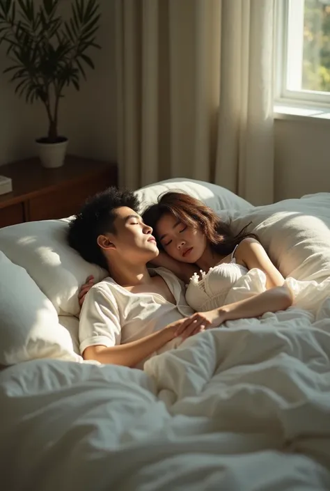 A young Indonesian man is sleeping in a clone by a beautiful woman in a nightgown in her simple room..full realistic effects full ultra HD clear high resolution images 