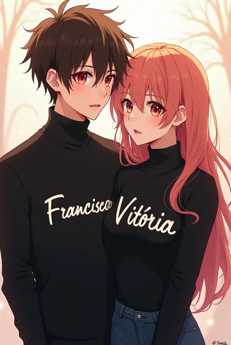 Photo of couple with black turtleneck shirt , with the name written on the shirt FRANCISCO AND VITÓRIA ANIME THEME