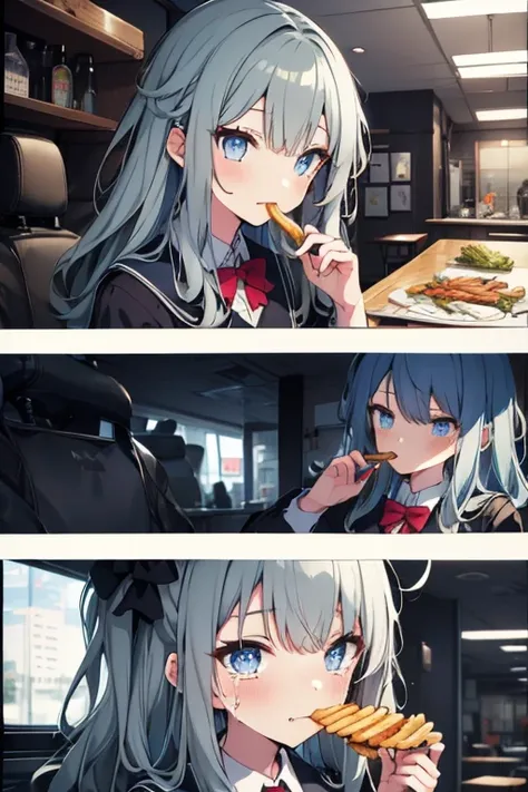 (((beautiful detailed)))(cute face:1.2)1girl, A girl stuffing her face with french fries, Girl crying while eating a pile of french fries, Inside a 2000s-style diner, 1950s-style interior, light Navy blue hair, blue eyes, A short-sleeved white shirt with f...