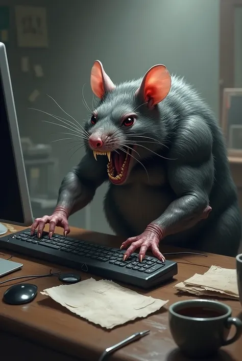 Angry muscular rat typing on a keyboard 