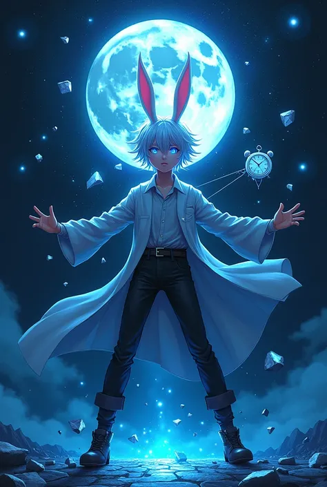 sharp lines, Blue, black and white are the main colors. , 2D boy, 2, White hair, white rabbit ears, long hair with bangs covering one eye the other eye is sky blue with a sparkling effect, Dark space with blue color below and a full moon above as backgroun...