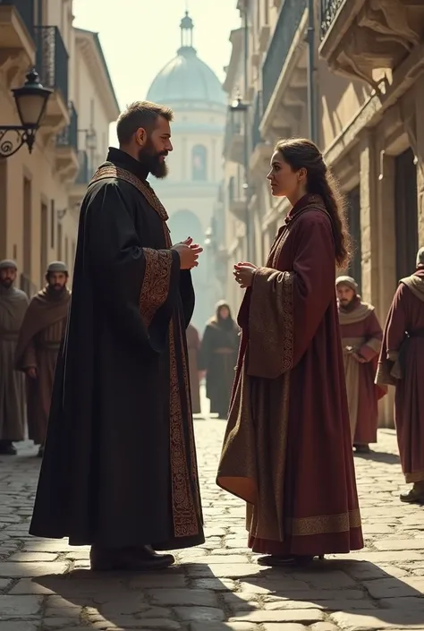 Priest walking through the streets and talking to a woman