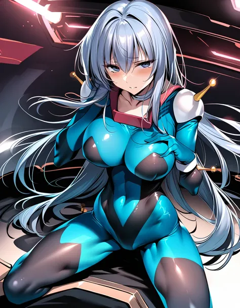 Neck ribbon,Perfect hands, Perfect Fingers,Perfect Anatomy, masterpiece, Best Quality,Anime Style, 16K HDR,(One girl:1.4), ,Blue Hair, Straight Long Hair,mobile trace suit, shoulder armor(Red and blue metallic bodysuit:1.4),Sexy pose, whole body, cockpit,(...