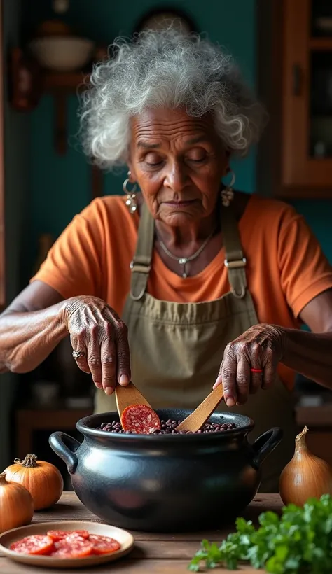 (black beans), Hands of a black grandmother, slightly plump, mixing ingredients in the black clay pot,  she is cooking brazilian black beans with pepperoni, onion, garlic, parsley. 