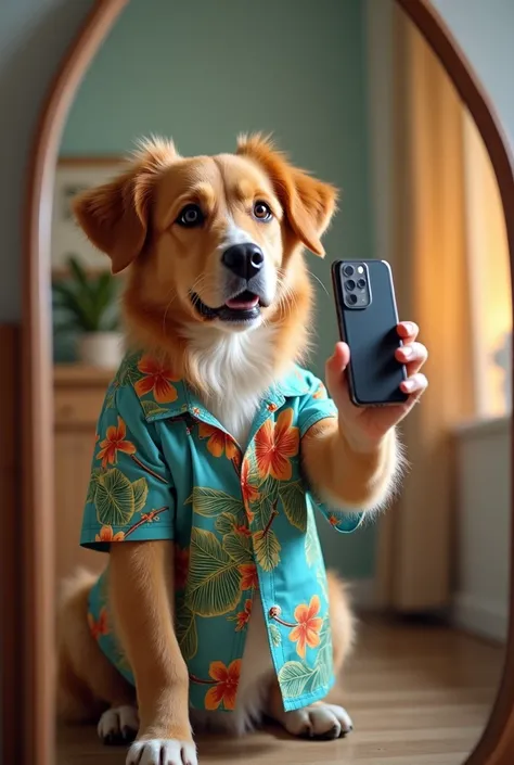 A dog taking a selfie with his phone in front of the mirror, with a Hawaiian shirt 