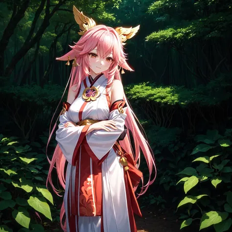 anime girl with pink hair Image Description:

The photo features Yae Miko, the popular Genshin Impact character. Shes standing in a lush, vibrant forest, surrounded by towering trees with glowing, ethereal mushrooms growing around their bases. The atmosphe...