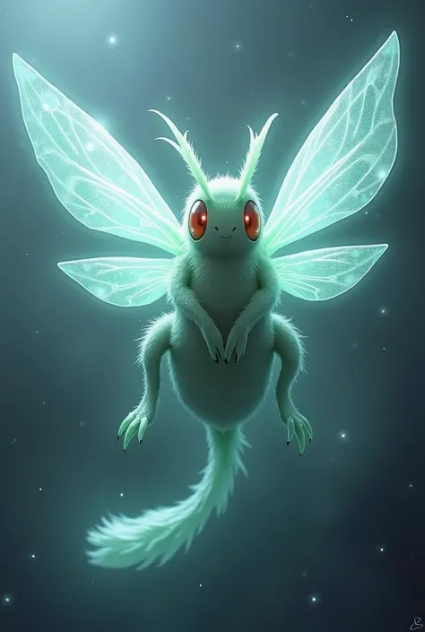 Un pokemon légendaire qui ressemble a une abeille de type spectre et poison avec trois paires dailes et les yeux rouges .