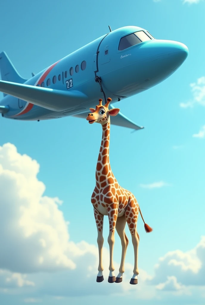 A small giraffe being carried on a rope by a blue airplane with the number 22 on it