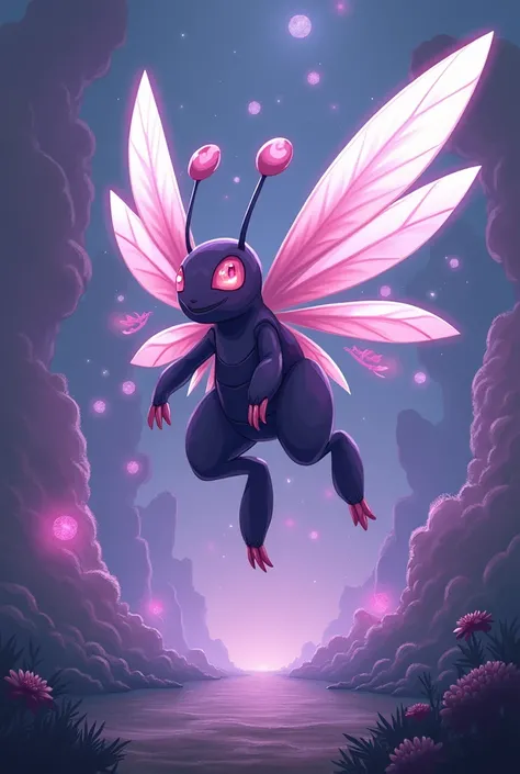 Un pokemon légendaire qui ressemble a une abeille de type spectre et poison avec trois paires dailes et les yeux rouges .
Avec un style graphique de la 3e generation de pokemon 