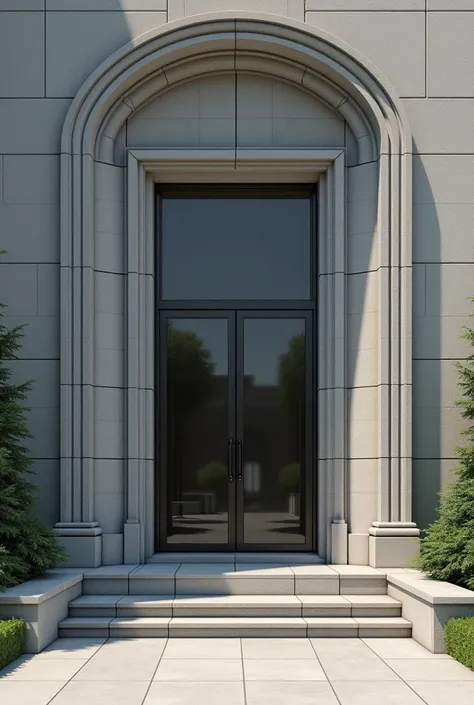 Create an image of the front of a church with a gray wall, glass door in the center, with a raised sidewalk in front with wheelchair access in front of the door, on the right side a wall like a compartment the same width as the sidewalk, and with a capital...